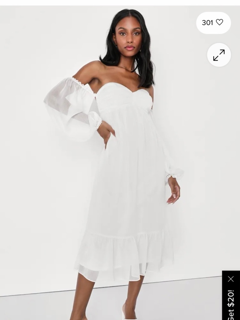 Lulu's White Strapless Midi Dress with Sheer Puff Sleeves